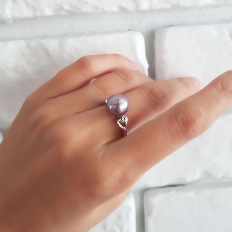 Bague coeur de perle diamanté - Or blanc et Perle d'eau douce lavande - 6