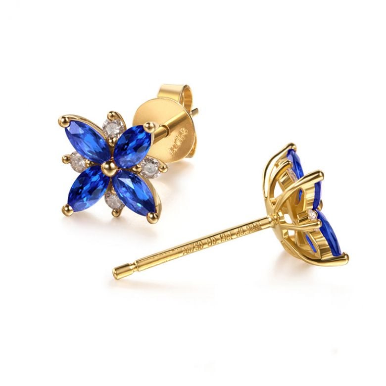 Boucle oreille fleur saphir bleu, diamant, or jaune - Véronique des ruisseaux - 4