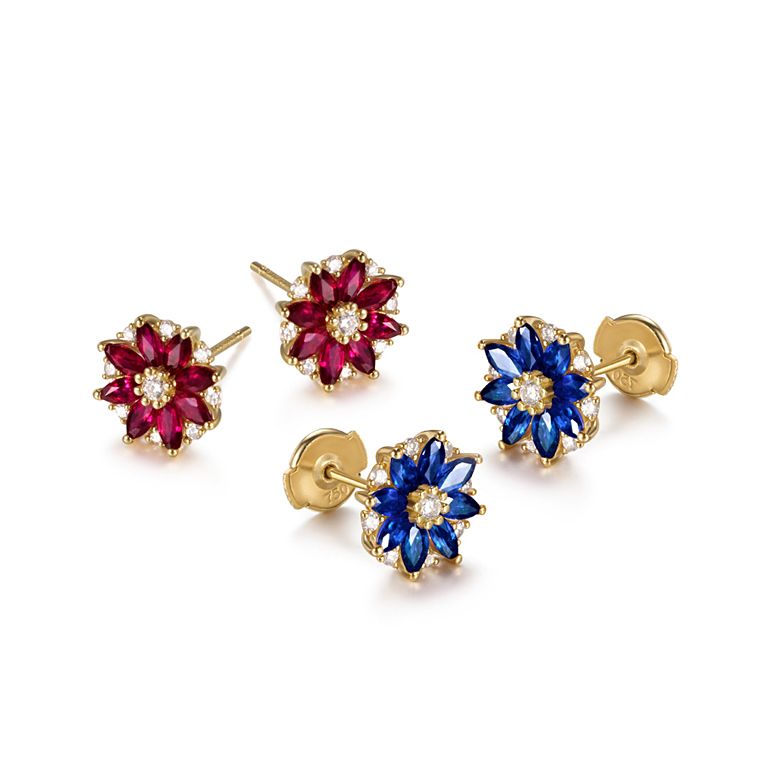 Boucle oreille Blue Mist, fleur de brume bleue - Saphir, diamant, Or jaune - 4