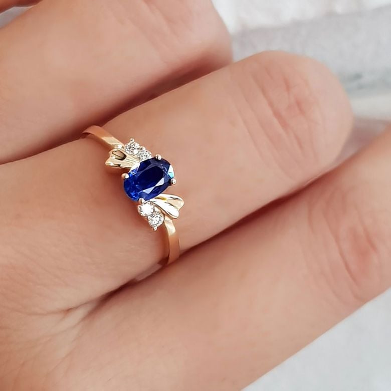 Bague saphir solitaire - Or jaune 18 carats - Sertissage diamants - 3