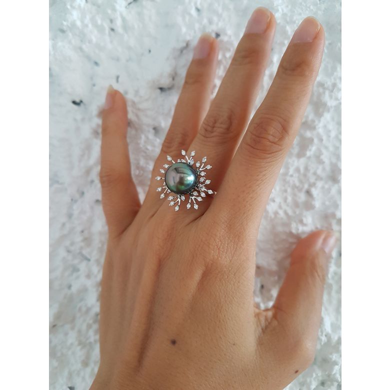 Bague de luxe - Récifs coralliens - Perle de Tahiti, or blanc, diamants - 5