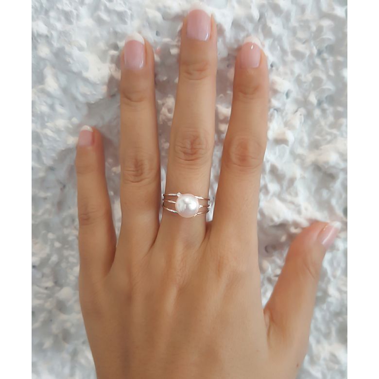 Bague or blanc - Perle Akoya blanche Japon - 3 anneaux, diamants - 3