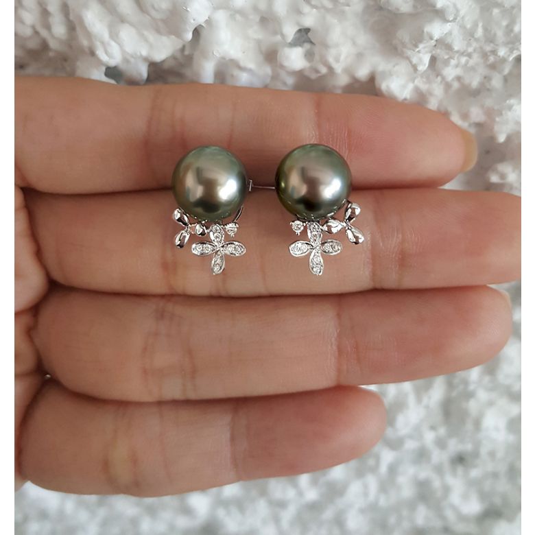 Boucles oreilles perles Tahiti motifs floraux - Or blanc, diamants - 3