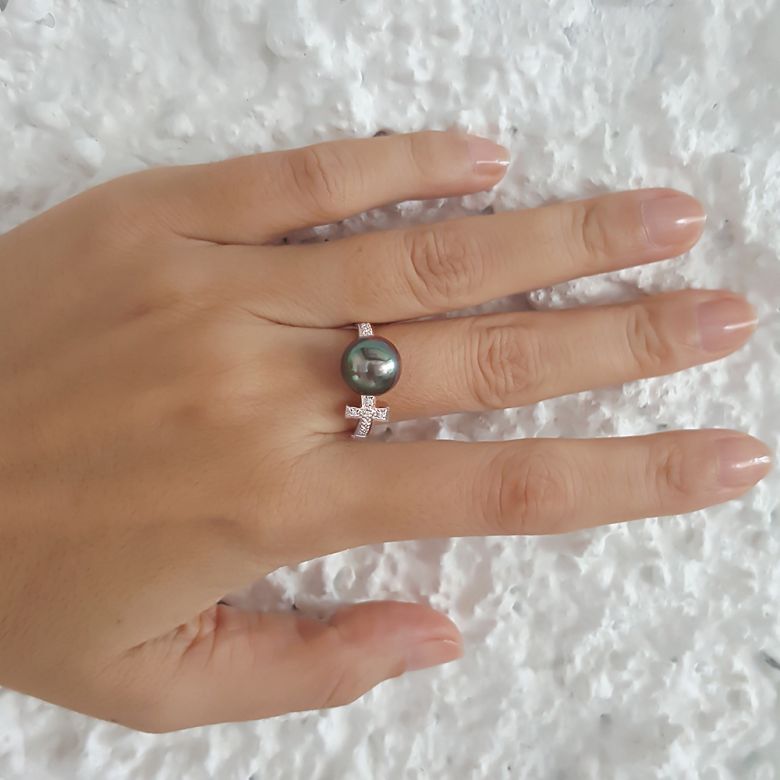 Bague croix romaine - Perle de Tahiti noire paon - Or blanc, diamants - 6