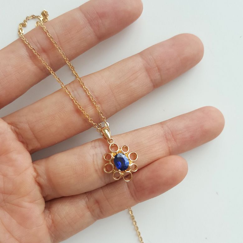 Bijou pendentif fleur - Or jaune 18 carats - Saphir - 3