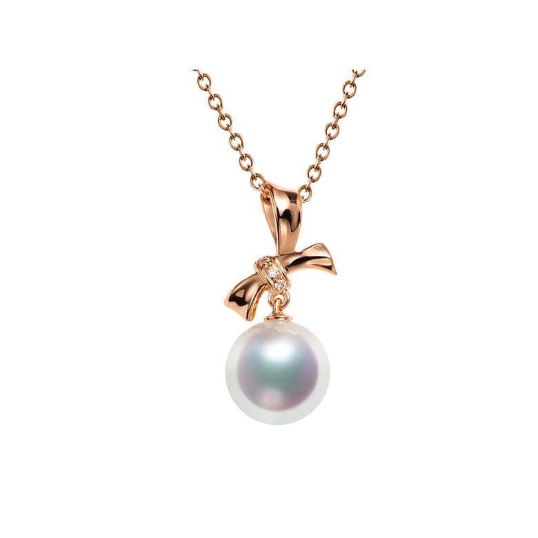 Pendentif Noeud avec ganse. Perle Akoya, Or rose, Diamants - 1