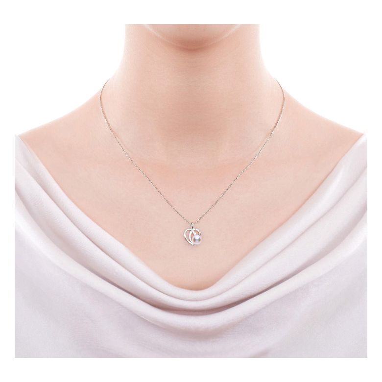 Pendentif et Boucles coeurs stylisés. Perles Akoya, Or blanc - 2