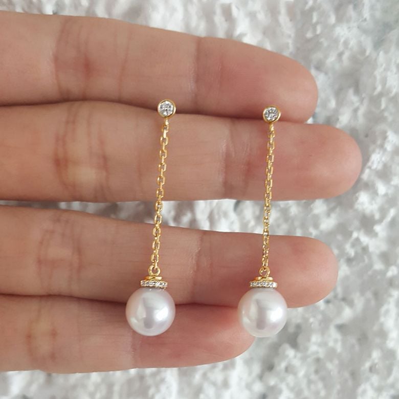 Pendantes chainette forçat. Perles Akoya Or jaune et diamants - 4