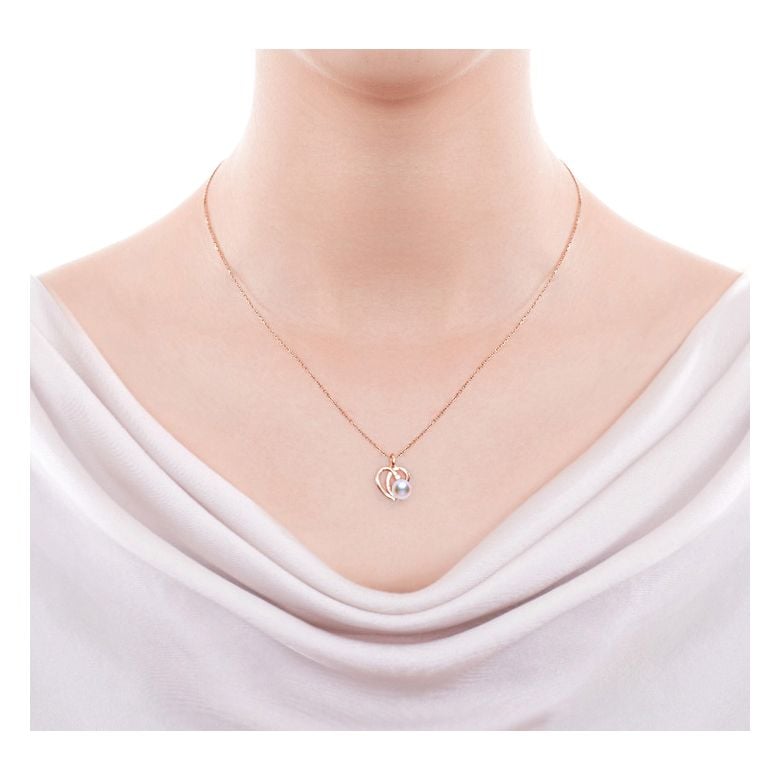 Pendentif Chiaky. Coeur moderne Or rose. Perle Akoya, Diamant - 2