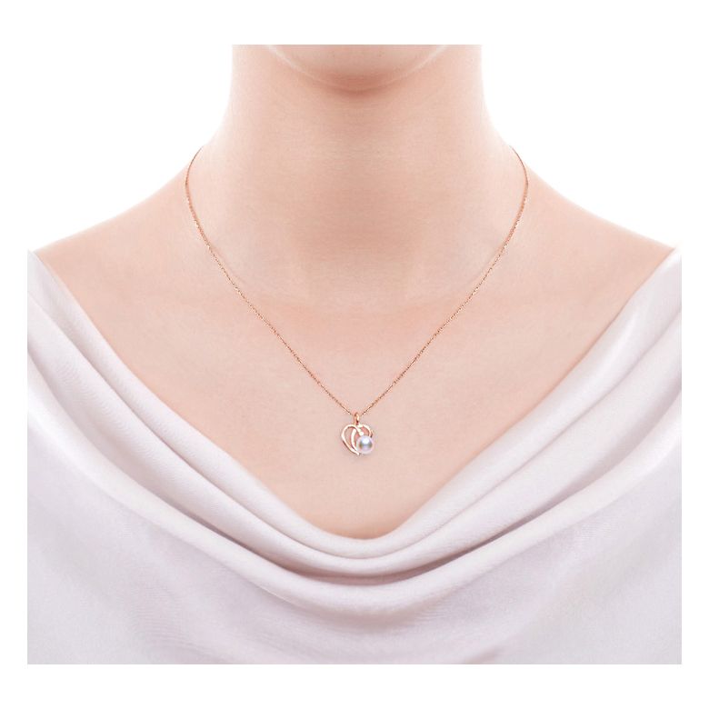 Pendentif et Boucles coeurs stylisés. Perles Akoya, Or rose - 4