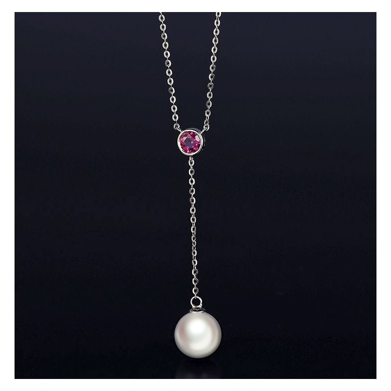 Collier pendentif perle Akoya. Chaîne Or blanc, Saphir rose - 8