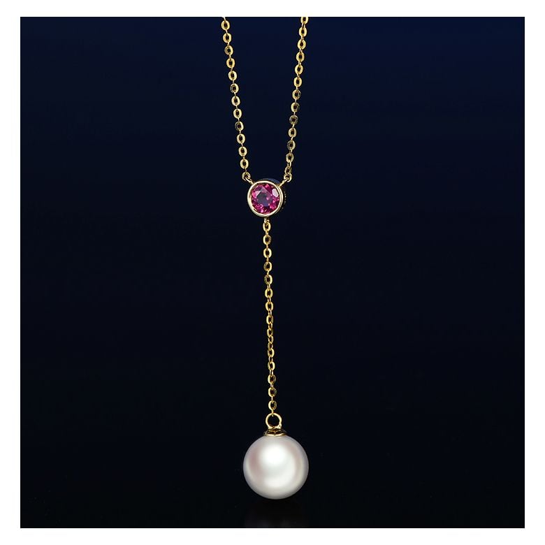 Collier pendentif perle Akoya. Chaîne Or jaune, Saphir rose - 9