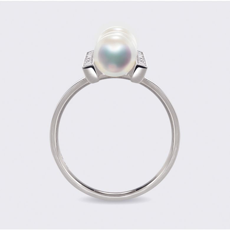 Bague 3 perles Akoya. Monture rail. Or blanc, Diamants - 5