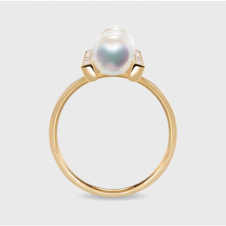 Bague 3 perles Akoya. Monture rail. Or jaune, Diamants - 5