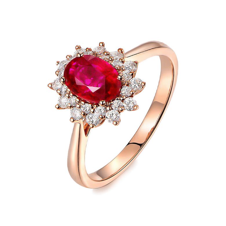 Bague rubis, diamants monture or rose - Création florale classique - 1
