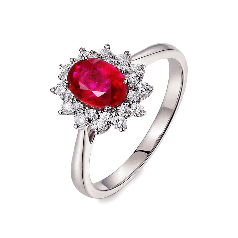 Bague rubis Or blanc. Double pavage diamants. Inspiration florale - 1
