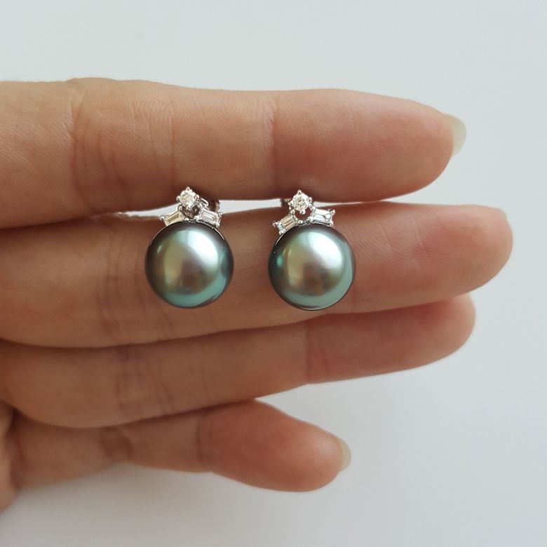 Boucles oreilles perles Tahiti - Or blanc - Diamants ronds, émeraudes - 7
