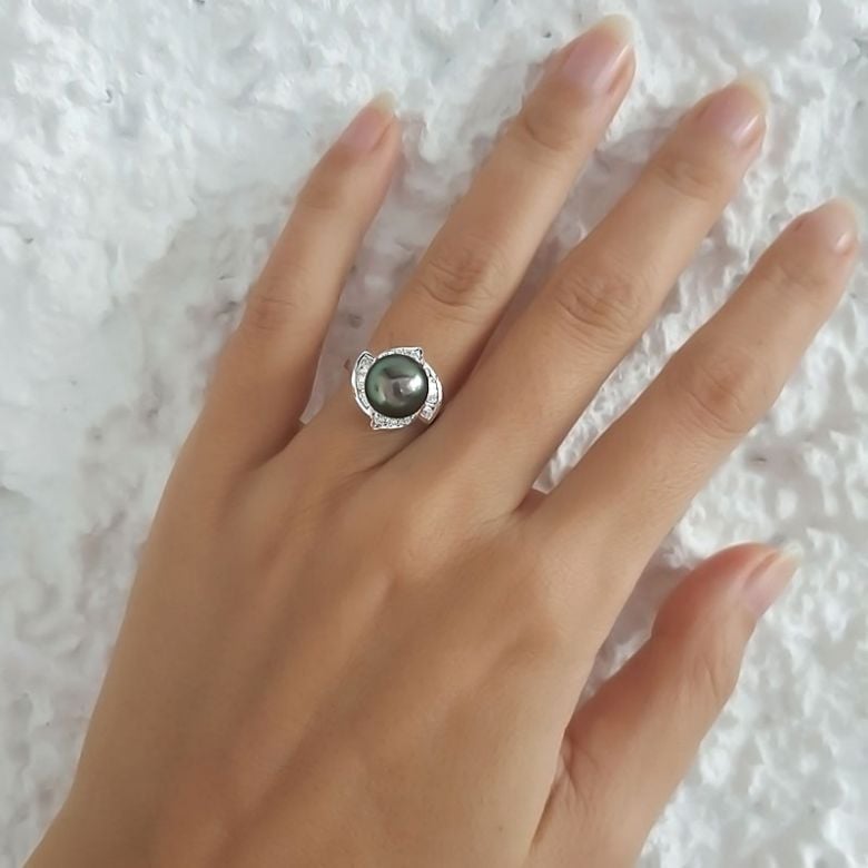 Bague Uracane - Perle de Tahiti - Or blanc, diamants princesses - 3