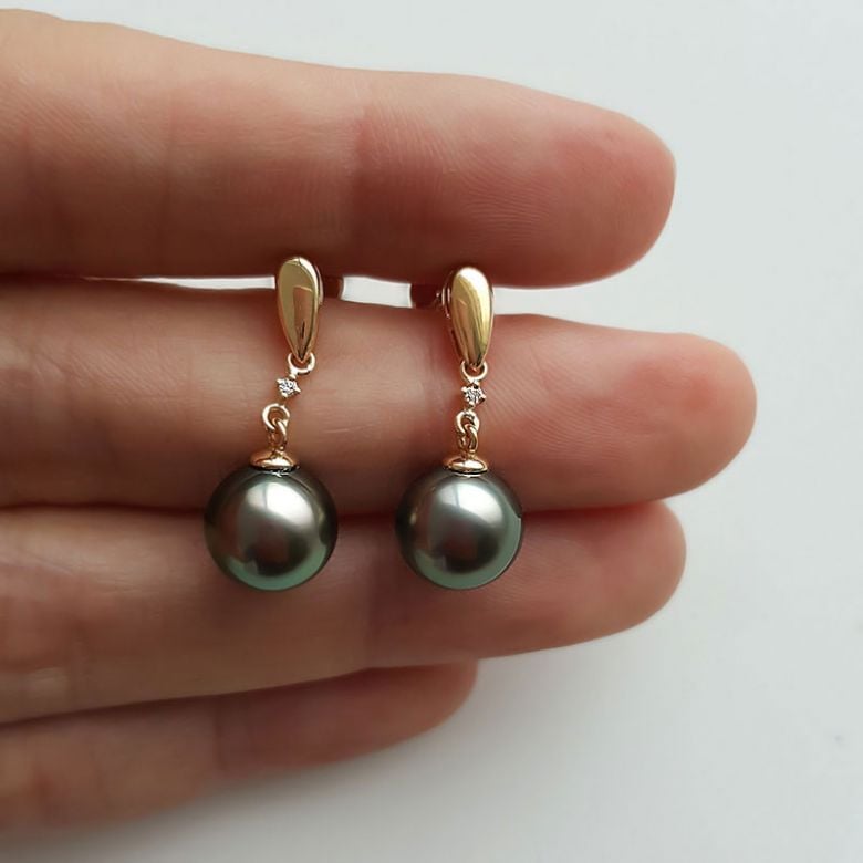 Boucles d'oreilles goutte - Joaillerie perles de Tahiti - Or jaune, Diamants - 2