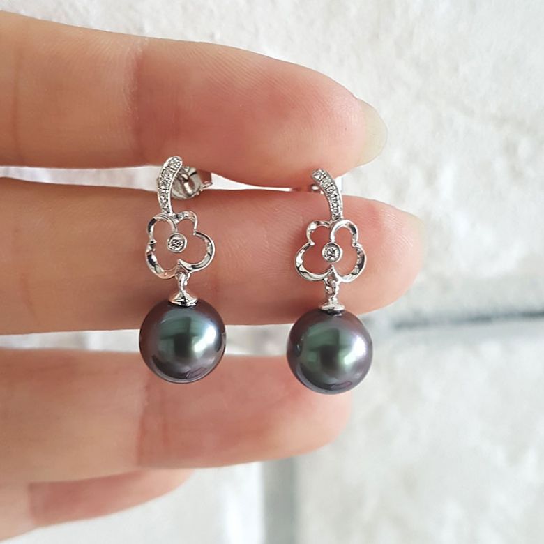 Boucles oreilles fleurs - Pendants perles de Tahiti - Or blanc, diamants - 5