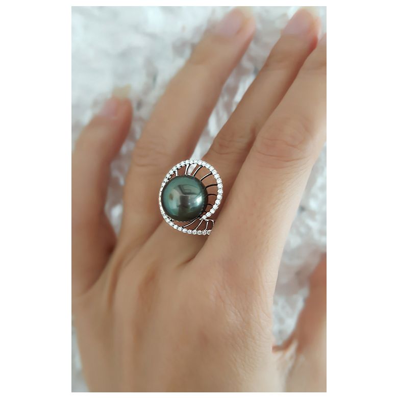 Bague or blanc de forme elliptique - Perle de Tahiti, diamants - 6