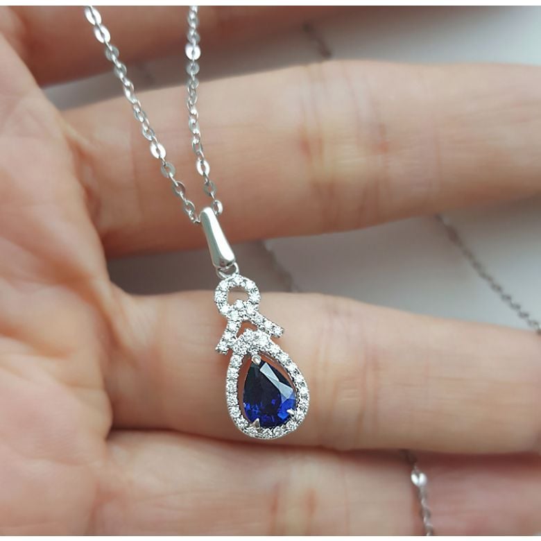 Pendentif Or blanc 18 carats - Saphir et diamants en poire - 7