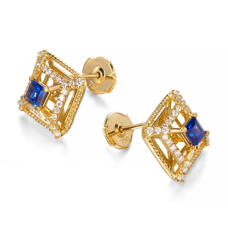 Boucle d Oreille carré de lumière - Or jaune, saphir, diamant - 3