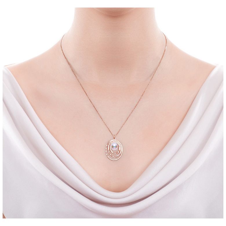 Pendentif perle Akoya Or rose et diamants. Triple cercle - 2