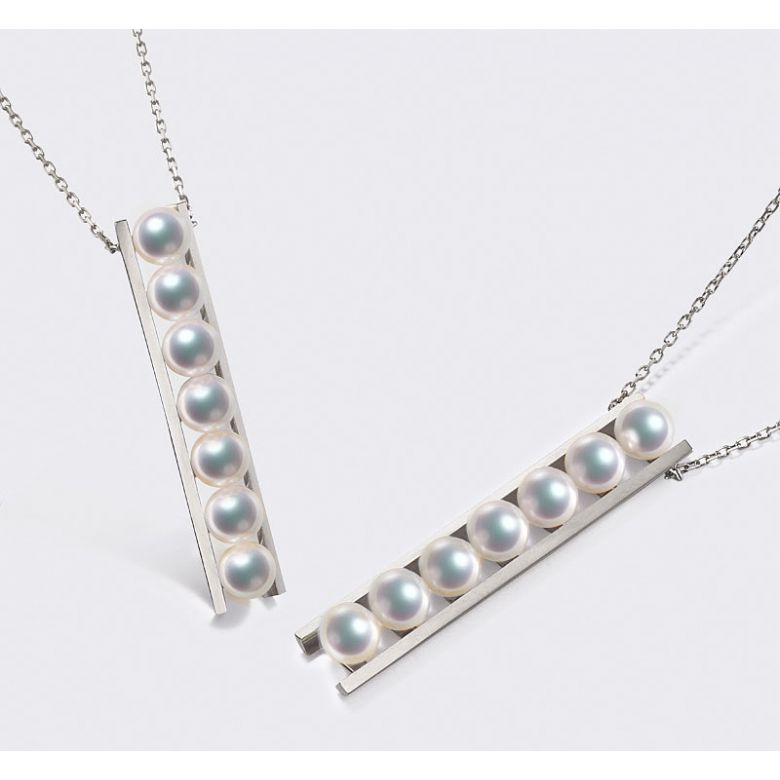 Pendentif 9 perles Akoya et or blanc. Disposition rail. Tsukushi - 5