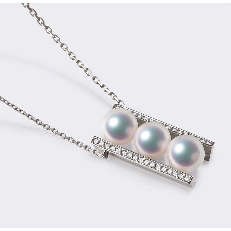 Pendentif 3 perles Akoya. Barettes or blanc sertis diamants. Otohiko - 8