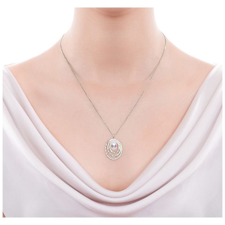 Pendentif perle Akoya Or blanc et diamants. Triple cercle - 2