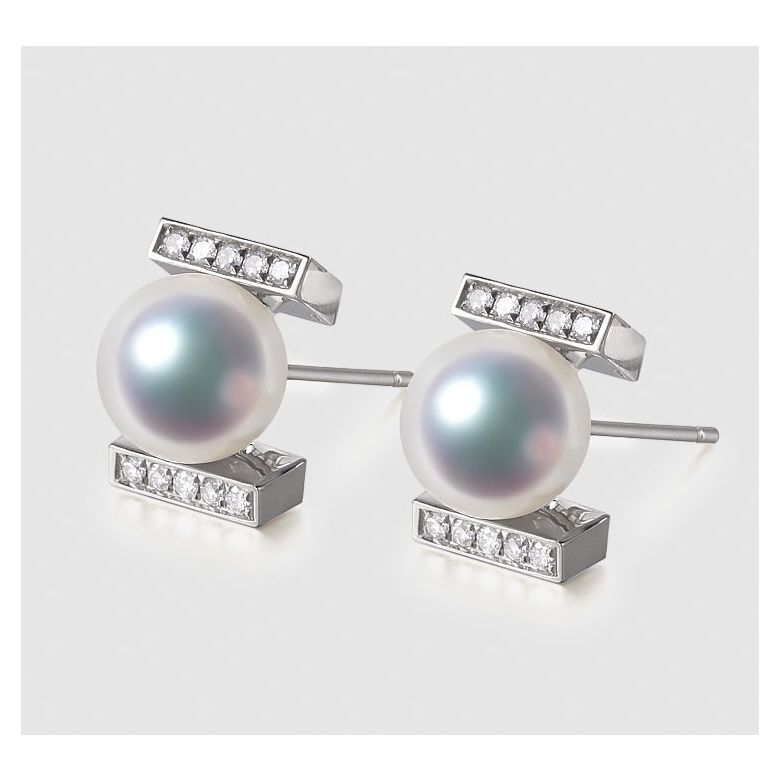 Boucles oreilles modernes forme rail. Or blanc, Diamants et Perles Akoya - 2