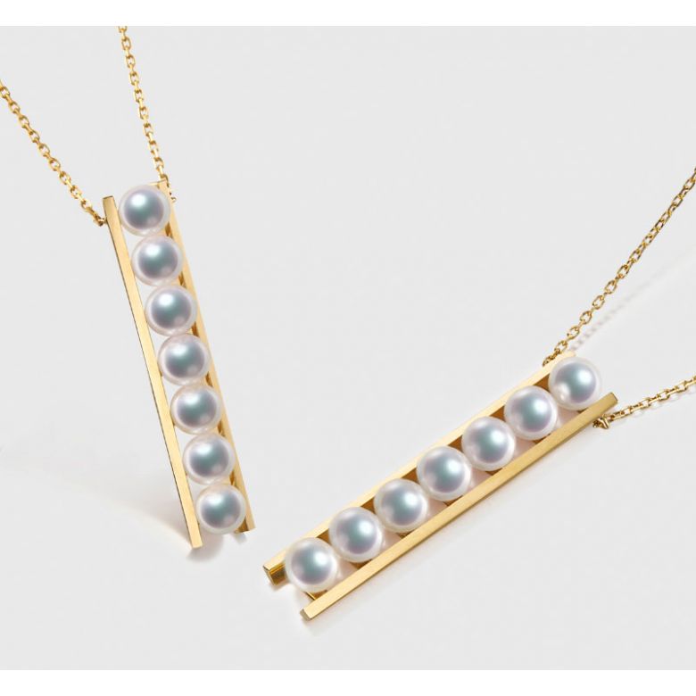 Pendentif 9 perles Akoya et or jaune. Disposition rail. Tsukushi - 4