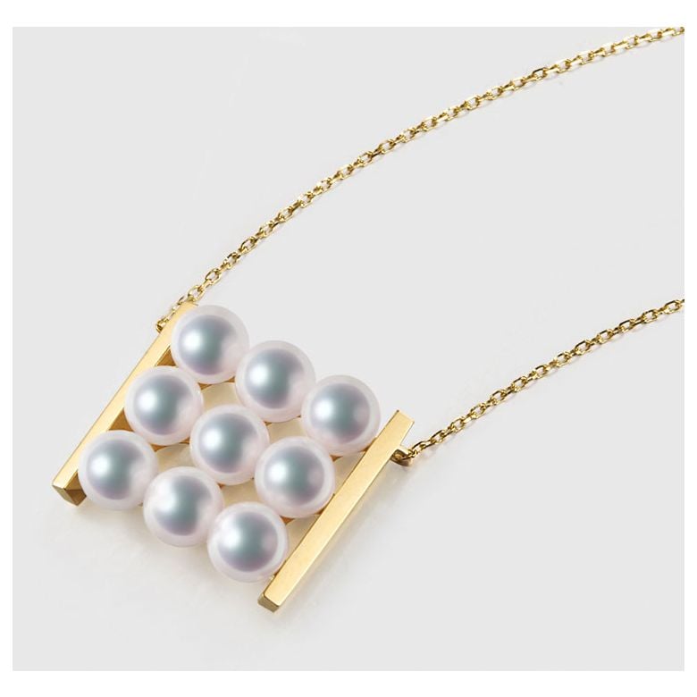 Pendentif 9 perles Akoya. Rails or jaune. Perles damier. Tezuka - 5