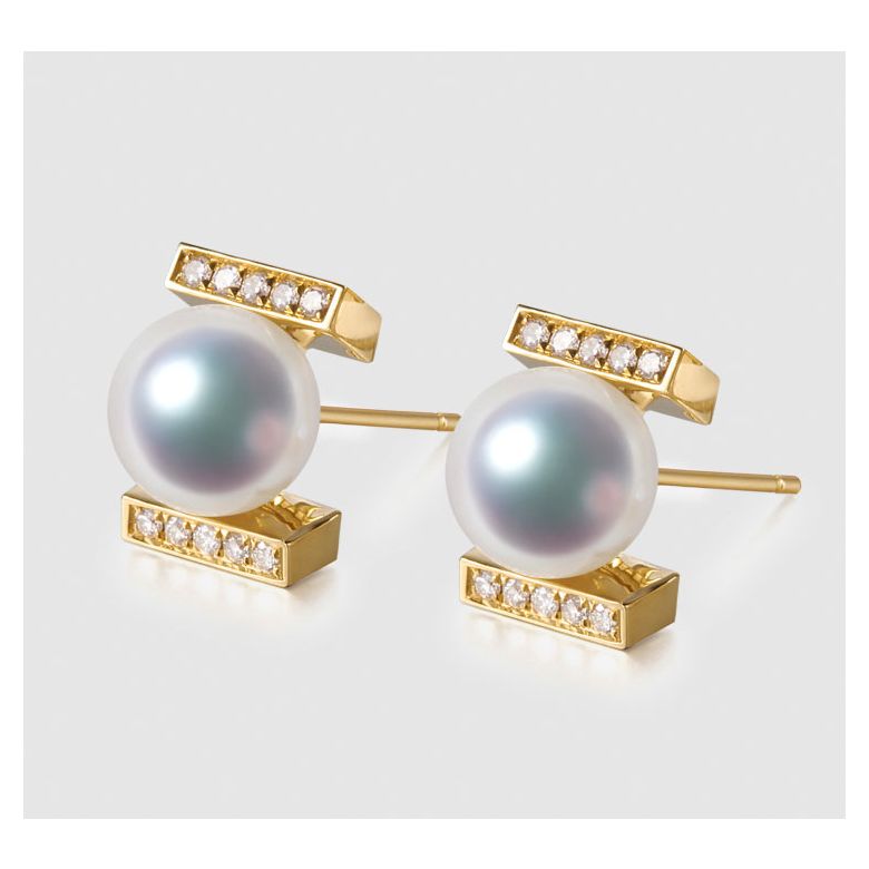 Boucles oreilles modernes forme rail. Or jaune, Diamants et Perles Akoya - 3