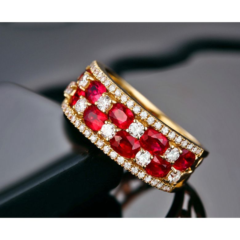 Bague damier Or jaune. Rubis et diamants alternés - 3