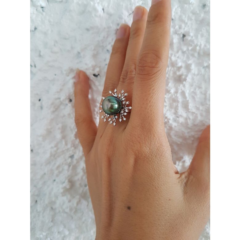 Bague de luxe - Récifs coralliens - Perle de Tahiti, or blanc, diamants - 6