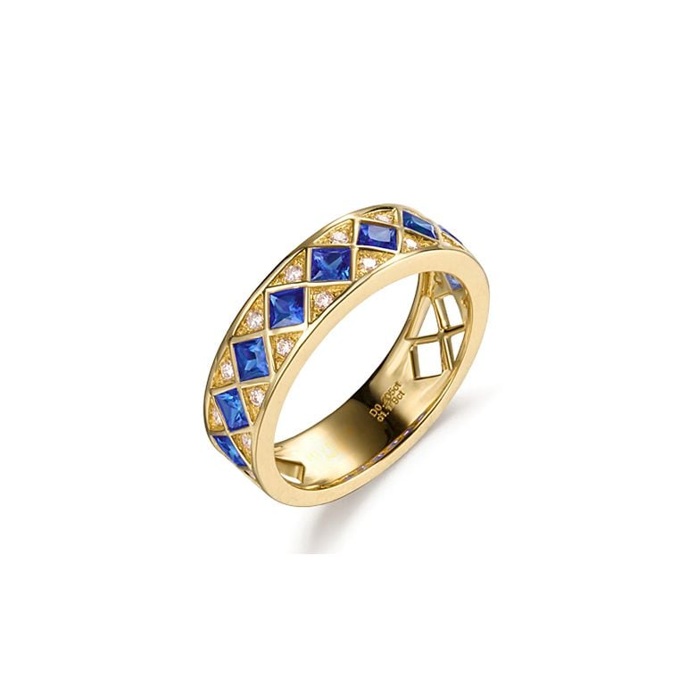 Bague saphir Dame de carreau. Or jaune & diamant - 1