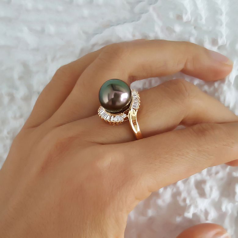 Bague couronne diamantée - Perle de Tahiti, or jaune - 4