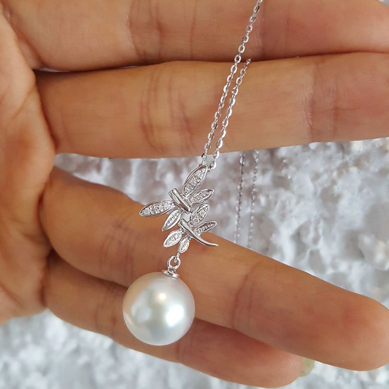 Pendentif libellules - Perle d'Australie blanche - Or blanc, diamants - 3