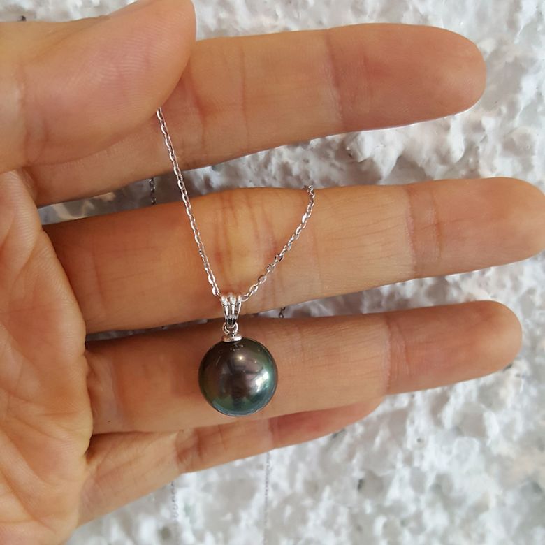 Pendentif bélière or blanc striée - Perle de Tahiti noire, bronze - 2