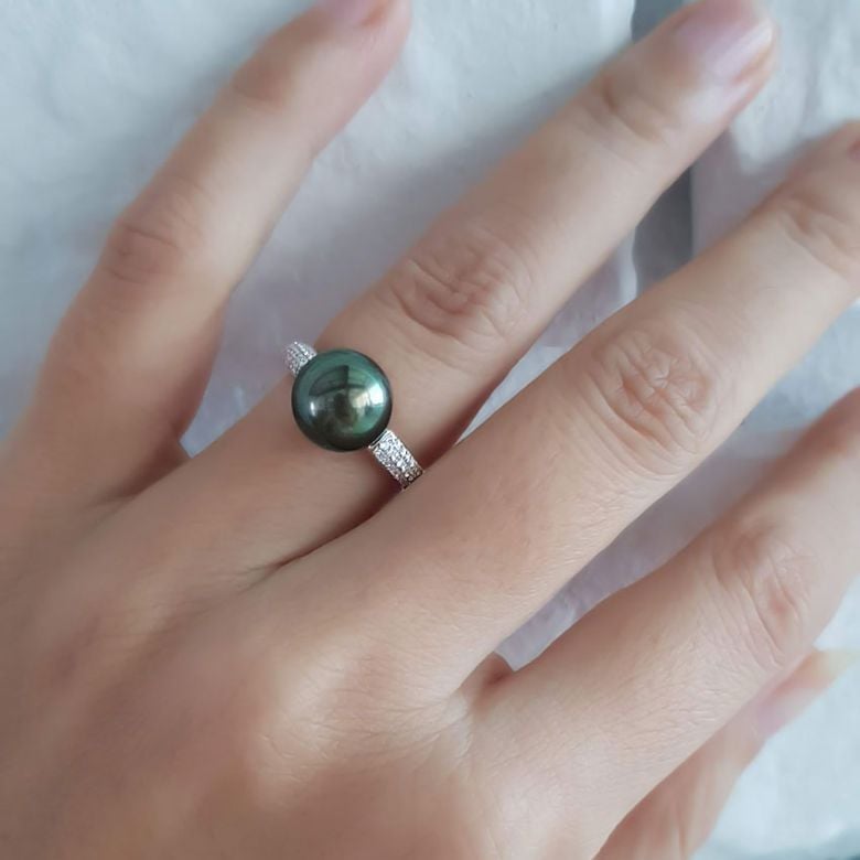 Bague solitaire perle de Tahiti - Or blanc, diamants - 7