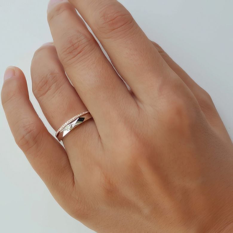 Alliance Femme 2 ors - Or blanc, rose - Diamants - Anneau à facettes - 5
