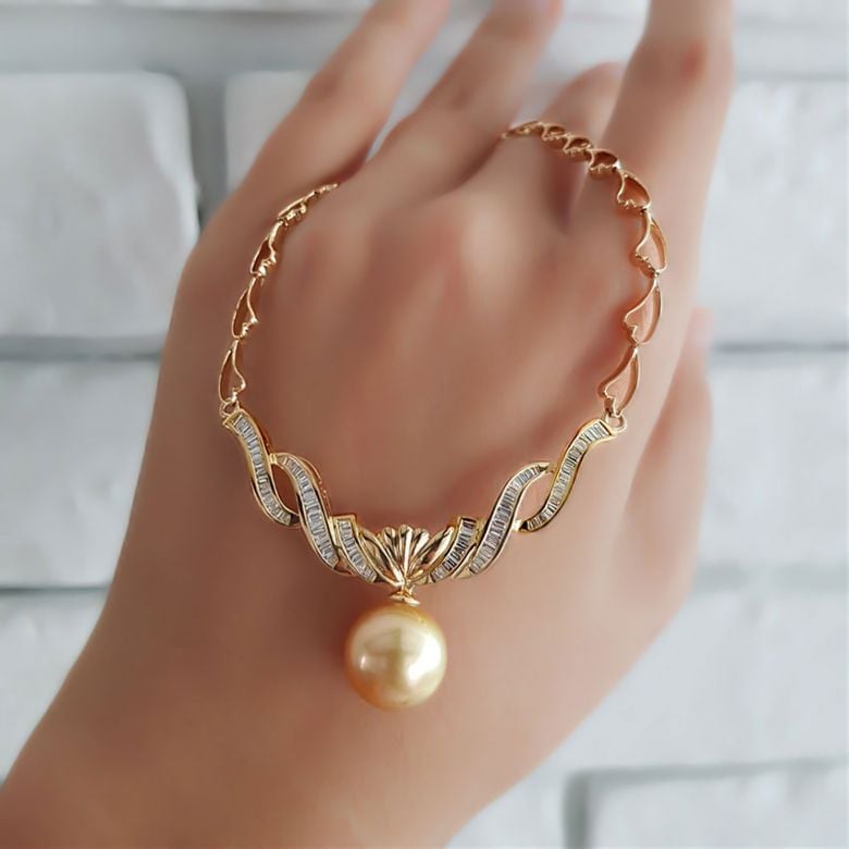 Collier maille coeur - Or jaune, diamants - Perle Australie dorée - 5