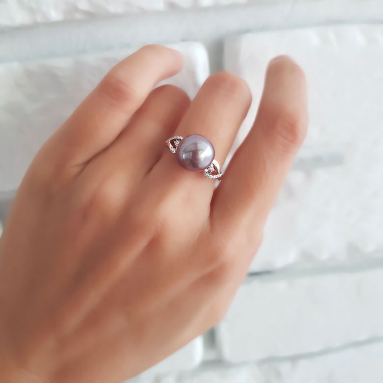 Bague coeur de perle diamanté - Or blanc et Perle d'eau douce lavande - 5