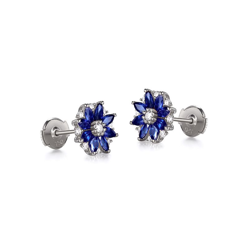 Boucle oreille Blue Mist, fleur de brume bleue - Saphir, diamant, Or blanc - 5