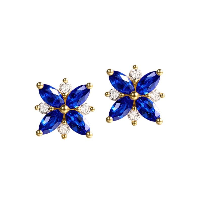 Boucle oreille fleur saphir bleu, diamant, or jaune - Véronique des ruisseaux - 1