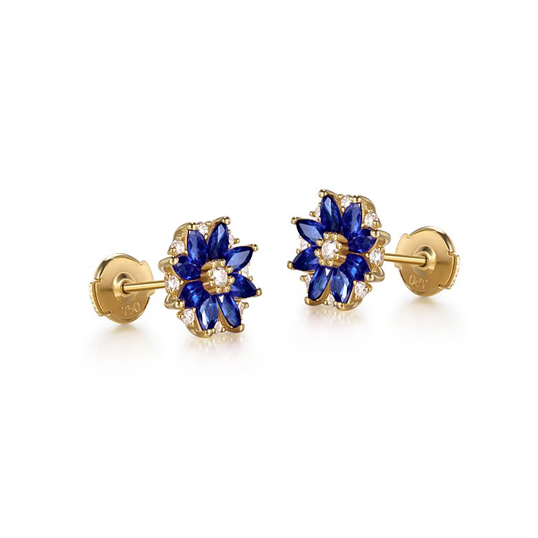 Boucle oreille Blue Mist, fleur de brume bleue - Saphir, diamant, Or jaune - 3