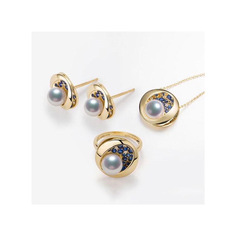 Bague, Pendentif et Boucles d'Oreilles Seiza. Perles Akoya, Or jaune, diamants.  - 2