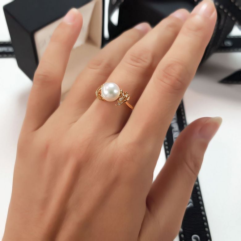 Bague fleur - Or jaune, Diamants - Perle de culture, Eau douce - 8